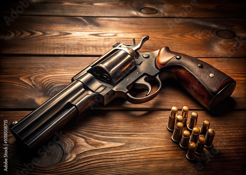 A Revolver handgun with six chambers lies undisturbed on a wooden table in the dimly lit room, its metal cold and unforgiving. photo