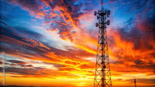 A communication tower stands tall against a fiery sunset, showcasing the power of connectivity amidst a breathtaking display of nature's artistry.