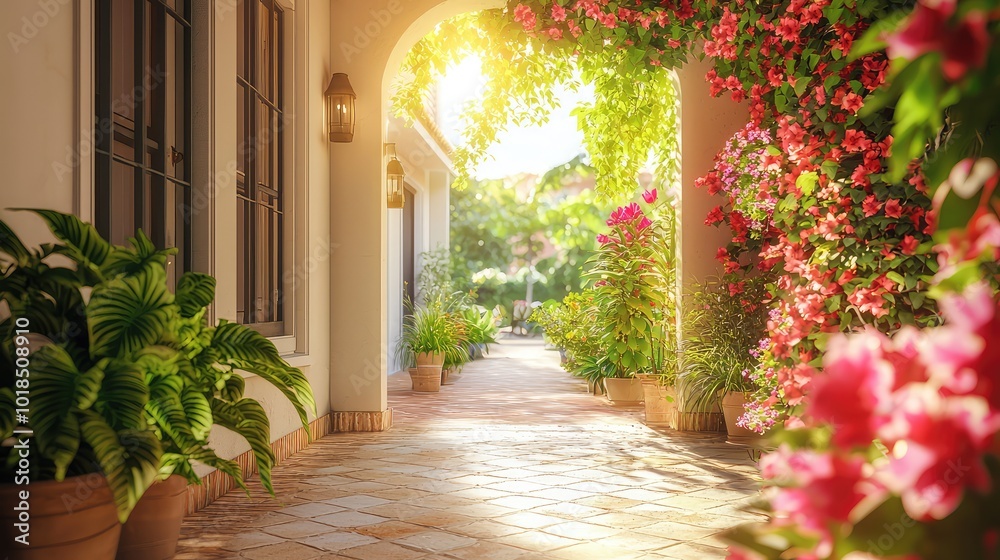 Obraz premium A sunlit garden pathway adorned with vibrant flowers and lush greenery, evoking tranquility and natural beauty.