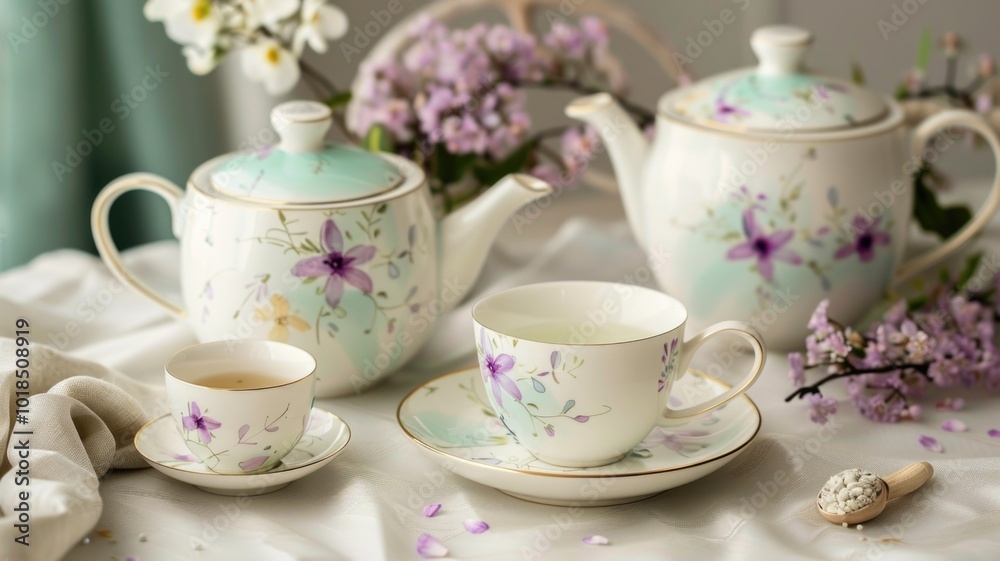 Elegant Floral Tea Set with Teapots and Cups in Soft Pastels,National Tea Day Elegant Floral Tea Set with Teapots and Cups in Soft Pastels,National Tea Day