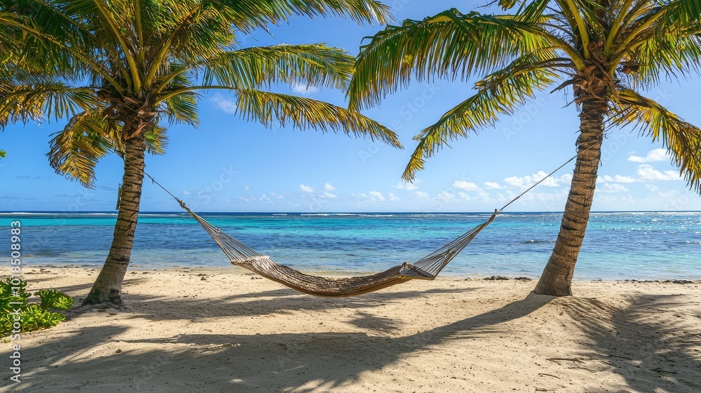 A tranquil beach scene with a hammock between palm trees, inviting relaxation and serenity by the calm ocean waves. A tranquil beach scene with a hammock between palm trees, inviting relaxation and serenity by the calm ocean waves.