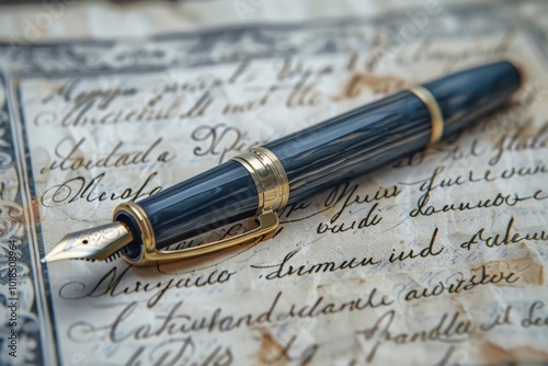 Elegant black and gold fountain pen resting on a vintage handwritten letter, showcasing the art of timeless writing tools.