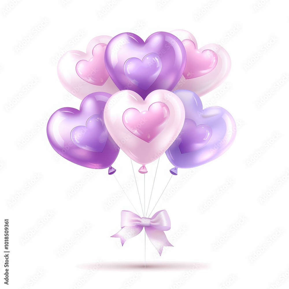 Colorful heart-shaped balloons tied with a ribbon on a white isolate background.