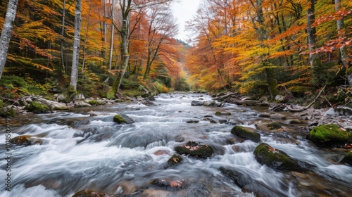 Autumnal Forest Stream with Vibrant Foliage