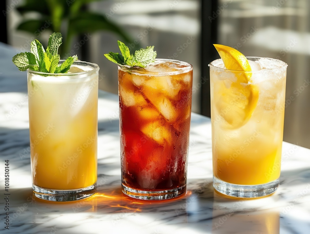 refreshing summer beverage trio. vibrant cocktail, classic lemonade, iced coffee on marble counter. backlit, condensation details, garnish accents. refreshing summer beverage trio. vibrant cocktail, classic lemonade, iced coffee on marble counter. backlit, condensation details, garnish accents.