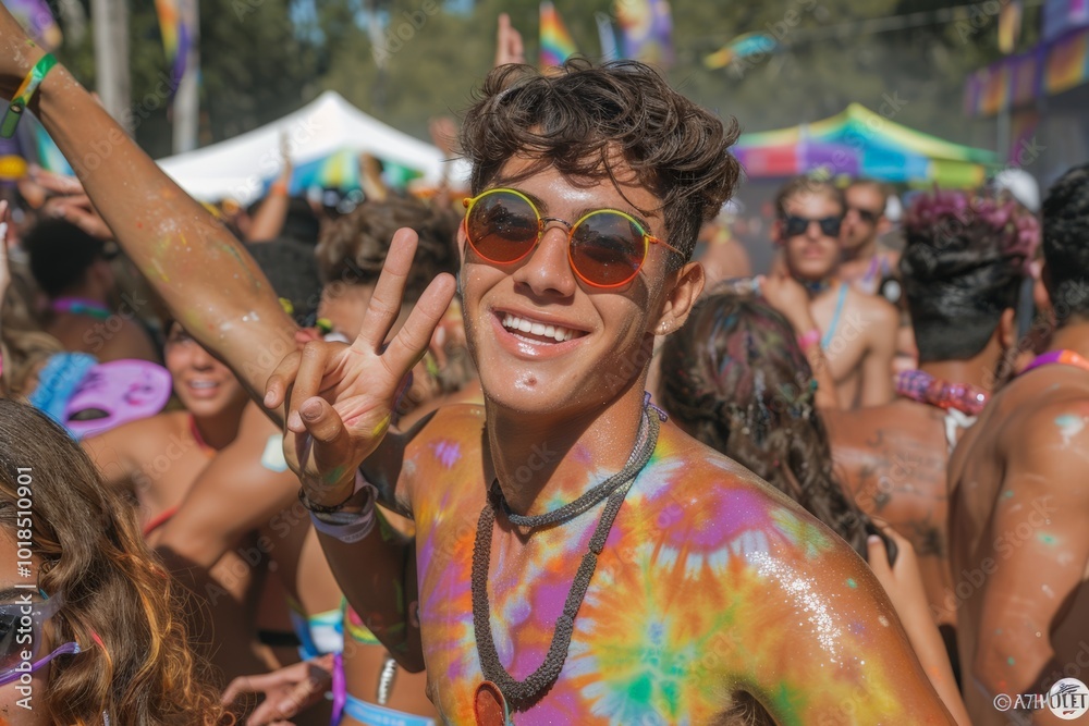 Young man at a music festival in vibrant clothing making a peace sign with his hand. Young man at a music festival in vibrant clothing making a peace sign with his hand.