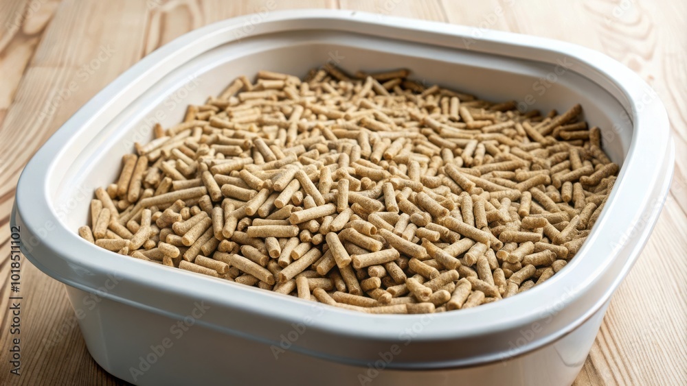 A close-up view of a white plastic container filled with brown wood pellets for animal bedding A close-up view of a white plastic container filled with brown wood pellets for animal bedding