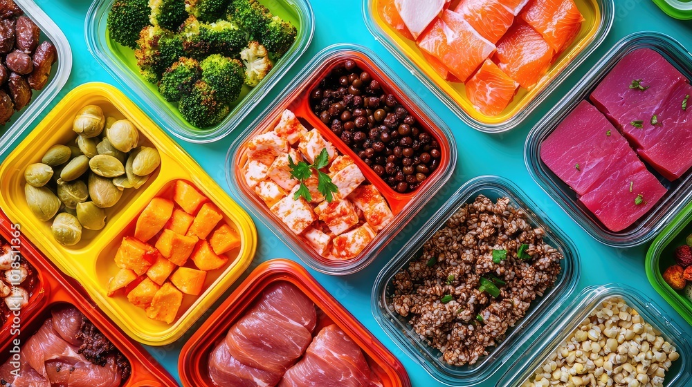 A vibrant display of healthy meal prep containers filled with colorful ingredients, including proteins, vegetables, and grains.