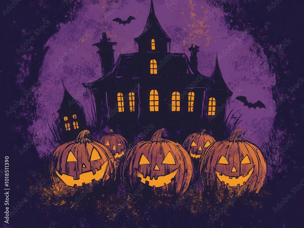 Fototapeta premium retro-style graphic t-shirt design featuring stylized haunted house silhouette with glowing windows, surrounded by grinning pumpkins on rich purple background