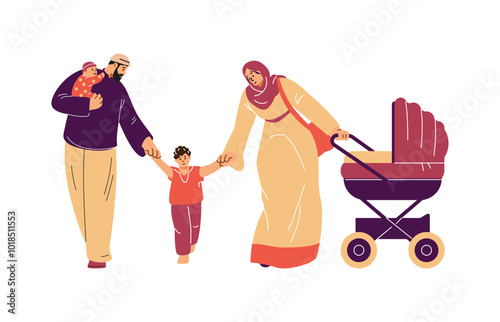 Vector illustration Muslim family with children, mother in a hijab and father in a skullcap