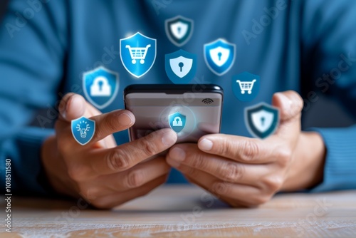 Close-up of hands holding a smartphone with digital security icons, representing online shopping protection.