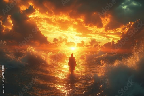 jesus depicted walking on water during a spectacular sunset with dramatic colors reflecting on the waves embodying the miracle amidst an inspiring and peaceful atmosphere