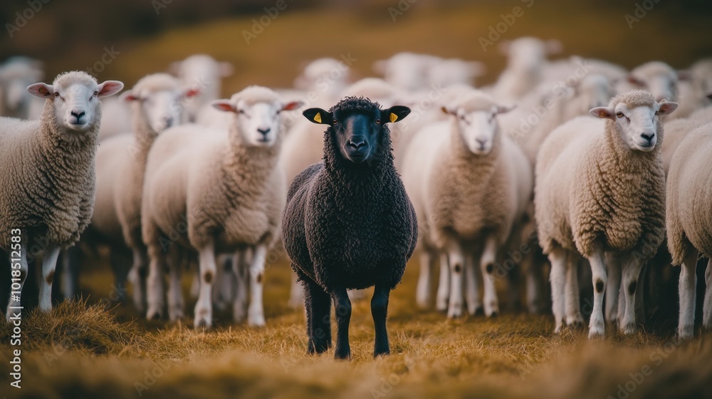 A black sheep standing out from the crowd of white sheep, highlighting themes of diversity and individuality in a rural setting. A black sheep standing out from the crowd of white sheep, highlighting themes of diversity and individuality in a rural setting.