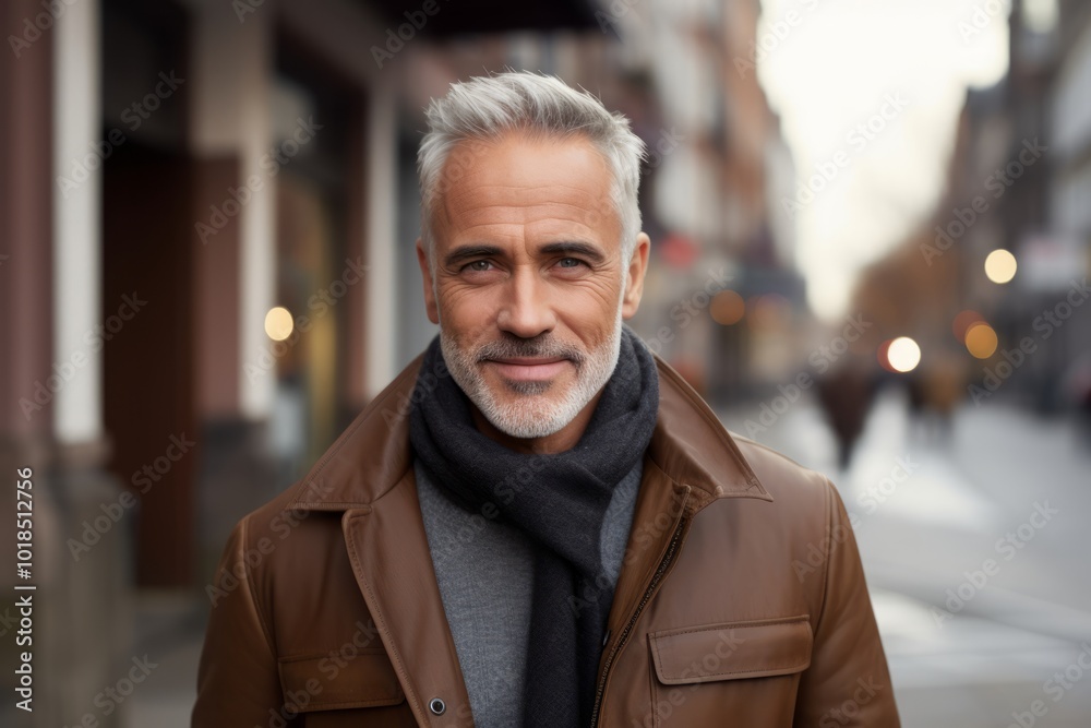 Portrait of a handsome mature man with grey hair wearing a brown jacket and gray scarf in the city. Portrait of a handsome mature man with grey hair wearing a brown jacket and gray scarf in the city.