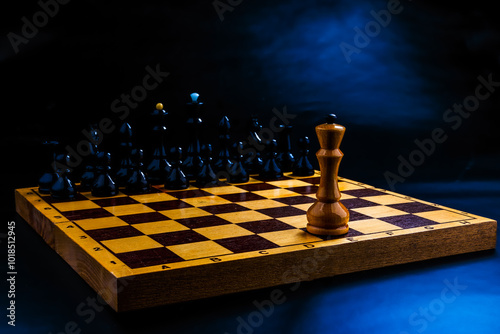 Wooden chess pieces on the chessboard. Intellectual game -chess. Chess pieces on the Board. A game of chess. One against all.