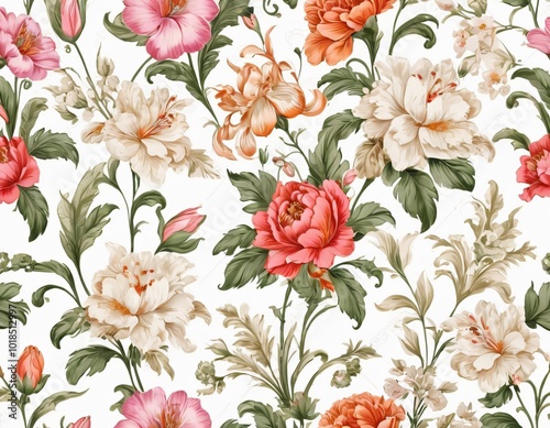Colorful floral pattern with assorted flowers on a pale background suitable for fabric or wallpaper