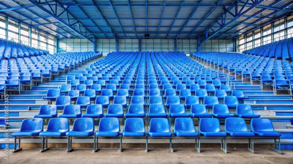 Naklejka premium Empty blue stands in a deserted sports stadium, empty, stands, stadium, sports field, fans, blue, deserted