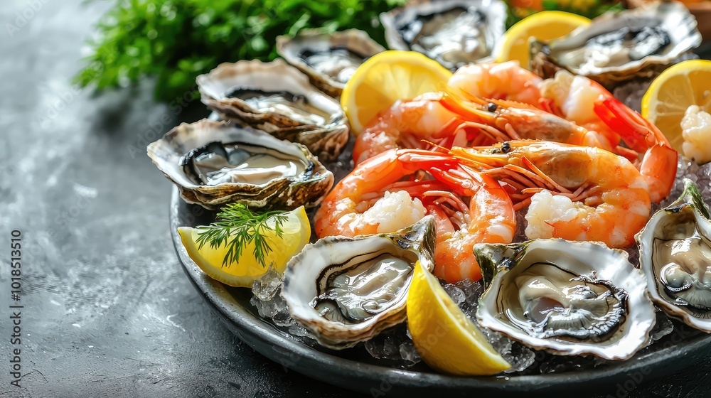 A vibrant seafood platter featuring fresh shrimp and oysters garnished with lemon slices, perfect for culinary enthusiasts. A vibrant seafood platter featuring fresh shrimp and oysters garnished with lemon slices, perfect for culinary enthusiasts.