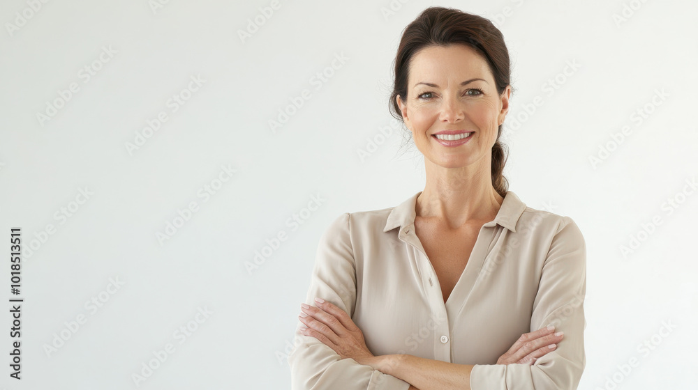 A relaxed and smiling woman, standing with arms crossed in a confident pose, wearing a casual blouse, waist-up shot, clean A relaxed and smiling woman, standing with arms crossed in a confident pose, wearing a casual blouse, waist-up shot, clean