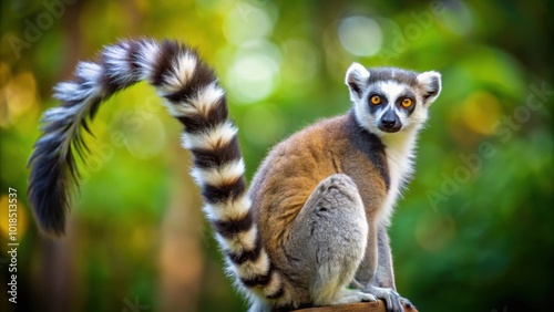 Lemur with raised tail on blurred background, lemur, tail, wildlife, animal, Madagascar, primate, fluffy, cute, mammal