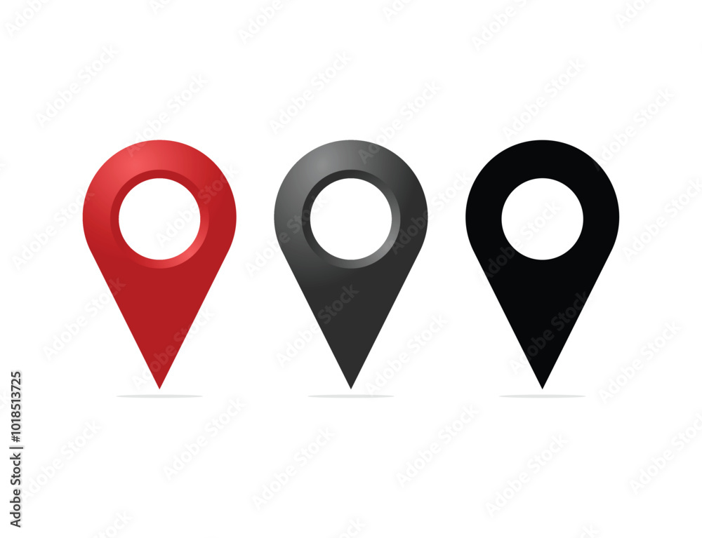Fototapeta premium Pin icon set. Location icon set destination icon. map pin in red grey and black silhoutte vector illustration