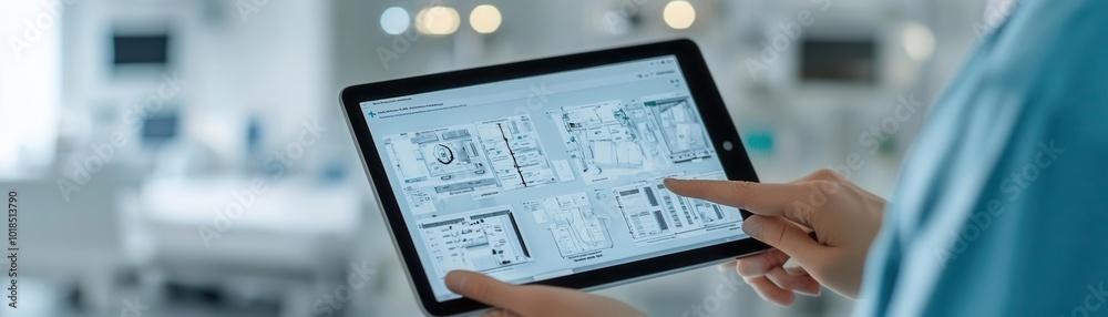 Logistics software on a healthcare worker's tablet, tracking medical supplies in real-time, photorealistic hospital system Logistics software on a healthcare worker's tablet, tracking medical supplies in real-time, photorealistic hospital system