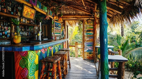 A vibrant tropical bar with colorful decor, nestled in a lush setting, perfect for relaxing and enjoying drinks in paradise.