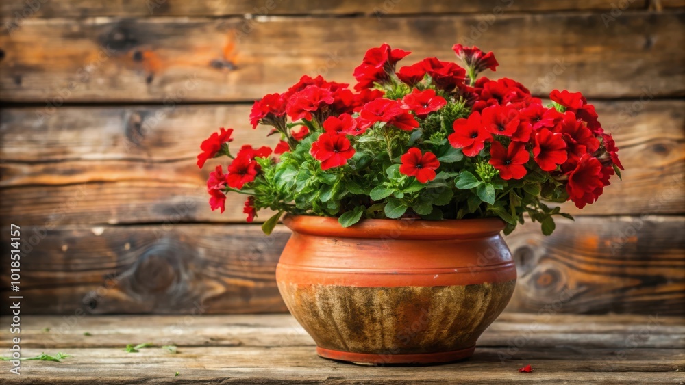 A Vibrant Display of Red Flowers in a Rustic Earthenware Pot Against a Weathered Wooden Background A Vibrant Display of Red Flowers in a Rustic Earthenware Pot Against a Weathered Wooden Background