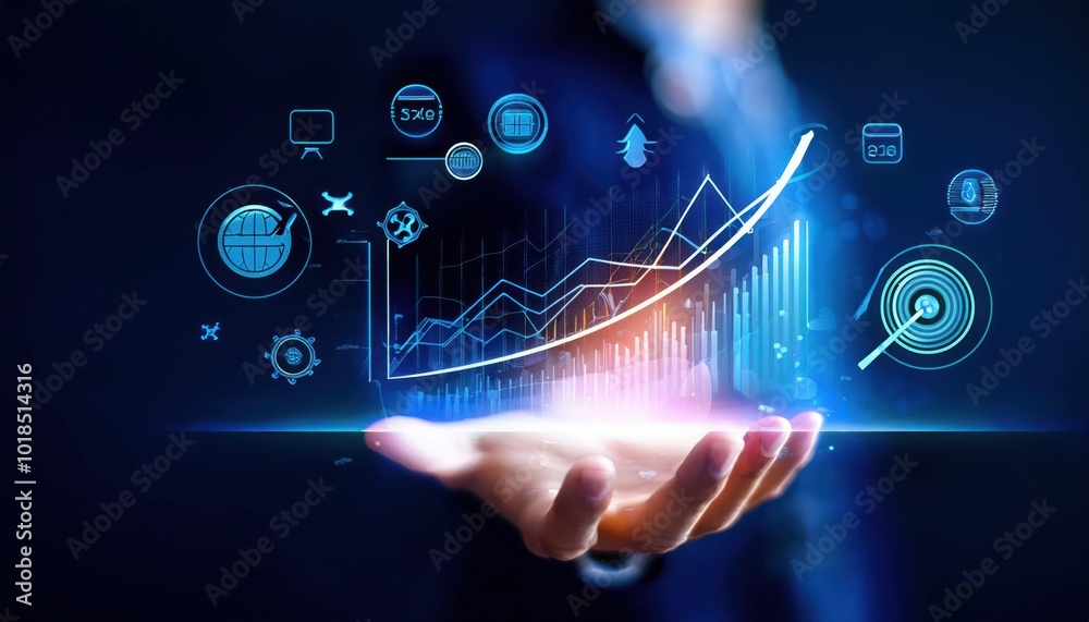 Hand holding digital growth chart, futuristic interface Hand holding digital growth chart, futuristic interface