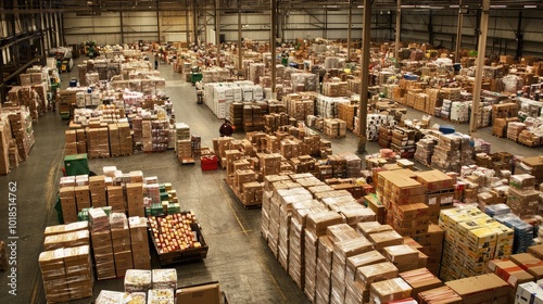 Aerial view of a large warehouse filled with stacked boxes and organized goods. Perfect for logistics and inventory themes. photo