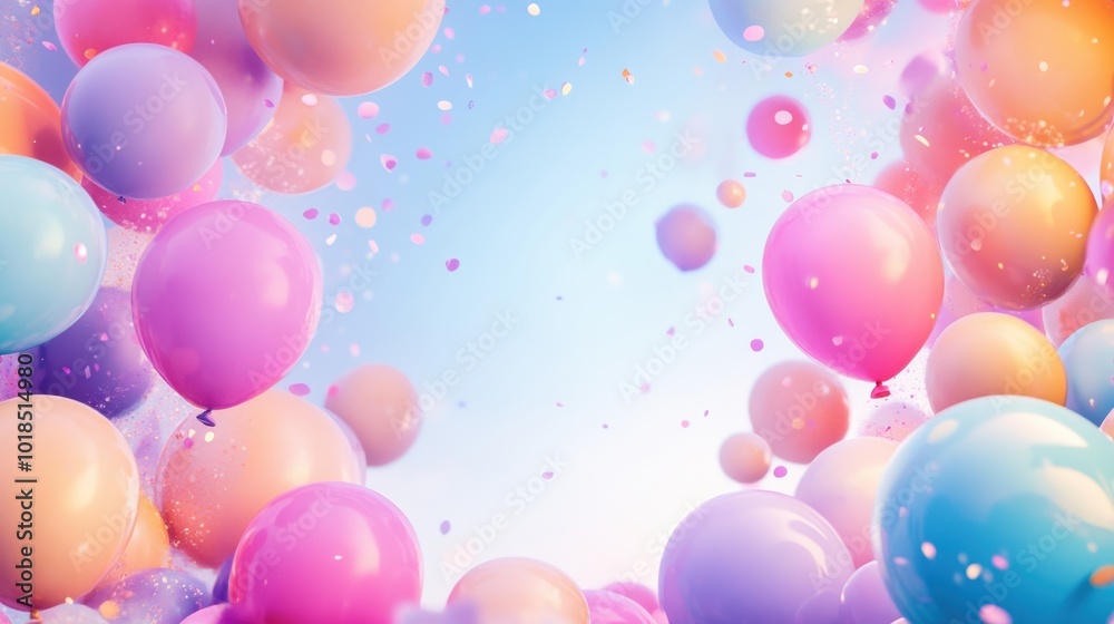 A burst of vibrant balloons floating in a pastel sky, with a blank center for customized text or a celebratory banner. A burst of vibrant balloons floating in a pastel sky, with a blank center for customized text or a celebratory banner.