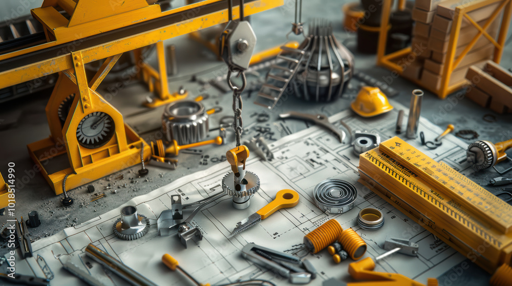 detailed arrangement of construction tools and machinery parts on blueprint, showcasing vibrant yellow color scheme. scene captures essence of engineering and design