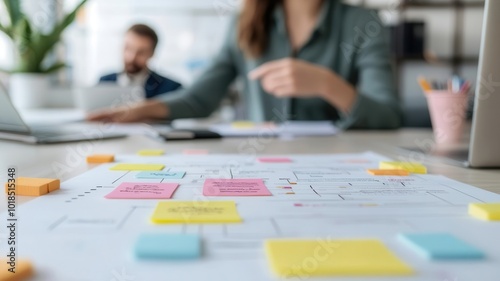 Project manager outlining strategic priorities to the team, flowchart and timelines visible, photorealistic modern office setting