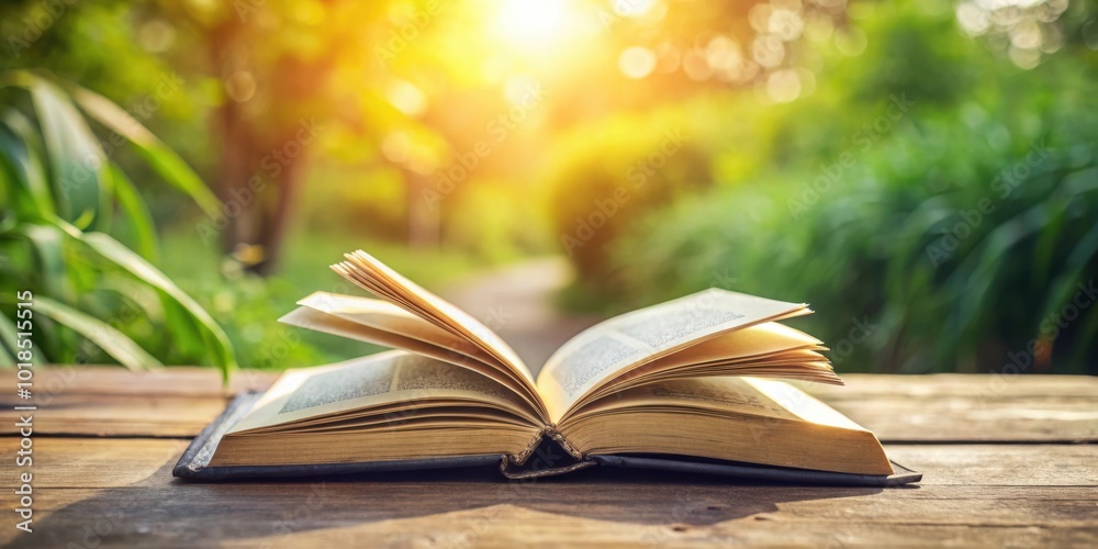 An Open Book Resting on a Wooden Table with a Sunlit Green Forest in the Background An Open Book Resting on a Wooden Table with a Sunlit Green Forest in the Background