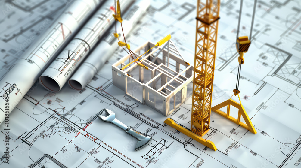 Building plans and construction tools are displayed, showcasing model house and crane on architectural blueprints. This captures essence of construction and design Building plans and construction tools are displayed, showcasing model house and crane on architectural blueprints. This captures essence of construction and design