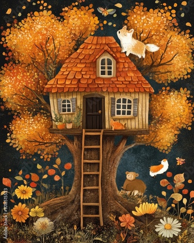 Whimsical and cozy treehouse nestled in an autumn forest  with small animals like squirrels and rabbits playfully climbing up the wooden ladder  illustrated in warm  earthy tone colors photo