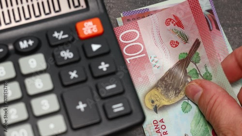 New Zealand dollars and calculator. Counting money and putting it on the desk next to the calculator with calculation. New Zealand money. Financial concept