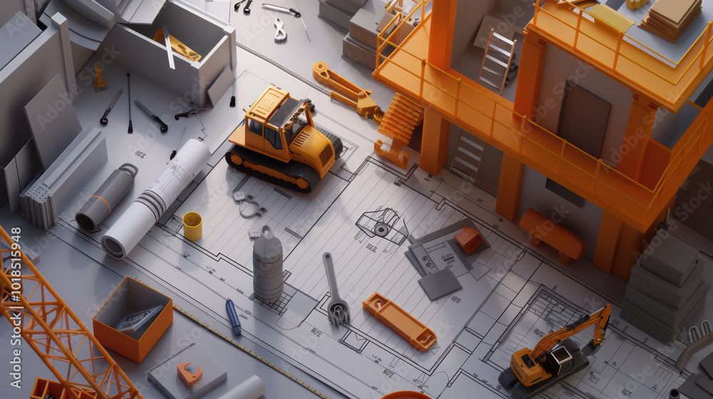 Construction site with machinery and tools, featuring detailed layout plan and various construction materials. vibrant orange machinery stands out against gray elements, creating dynamic scene