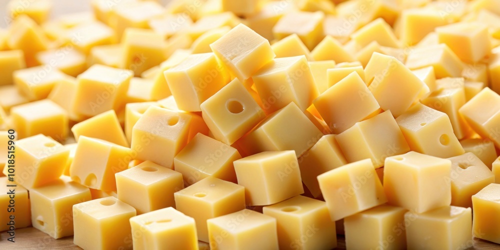Close-up of diced swiss cheese cubes, swiss cheese, cubes, diced, close-up, dairy, snack, appetizer, holes, texture Close-up of diced swiss cheese cubes, swiss cheese, cubes, diced, close-up, dairy, snack, appetizer, holes, texture