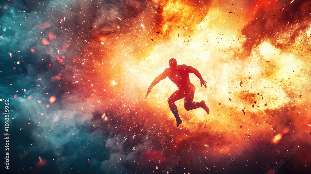 An intense scene depicting a figure soaring through a vibrant explosion of color and energy, symbolizing action and adventure. An intense scene depicting a figure soaring through a vibrant explosion of color and energy, symbolizing action and adventure.