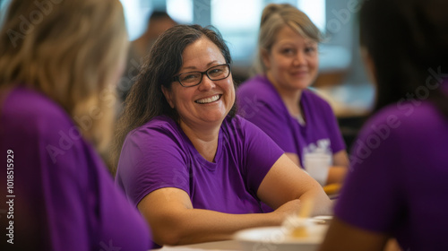 Corporate volunteer event with participants wearing purple t-shirts
