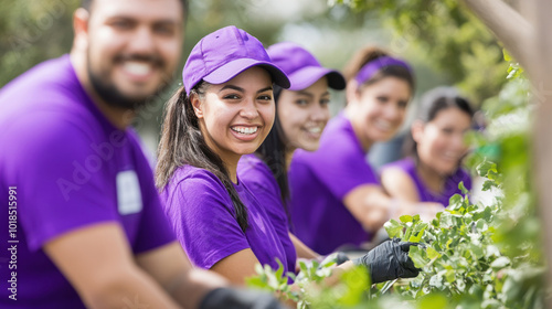 Corporate volunteer event with participants wearing purple t-shirts