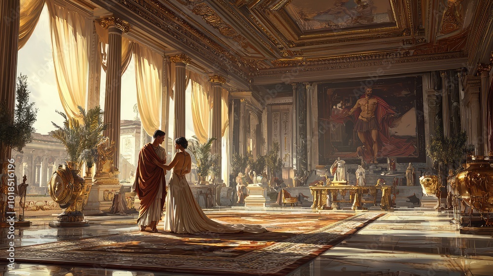 Fototapeta premium An opulent interior showcases a regal couple in an elegant setting, surrounded by luxurious decor and classical artwork.