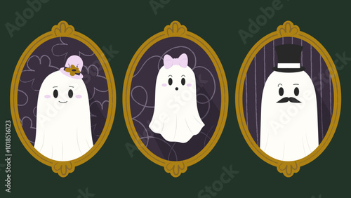 Cute ghost family portrait illustration, spooky haunted house frame, ghost fun