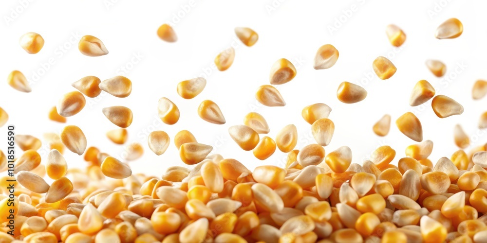 A multitude of golden corn kernels fall gracefully onto a heap of their brethren, creating a mesmerizing display of natural abundance. A multitude of golden corn kernels fall gracefully onto a heap of their brethren, creating a mesmerizing display of natural abundance.