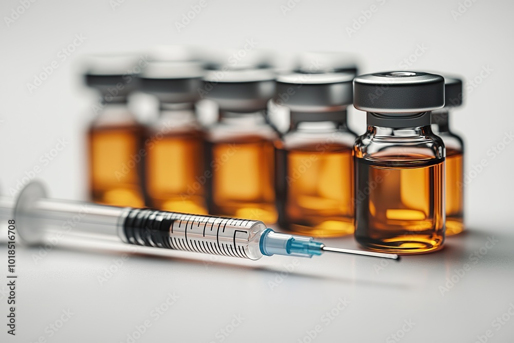 Close-Up of Medical Vials and Syringe for Injection Preparation Close-Up of Medical Vials and Syringe for Injection Preparation