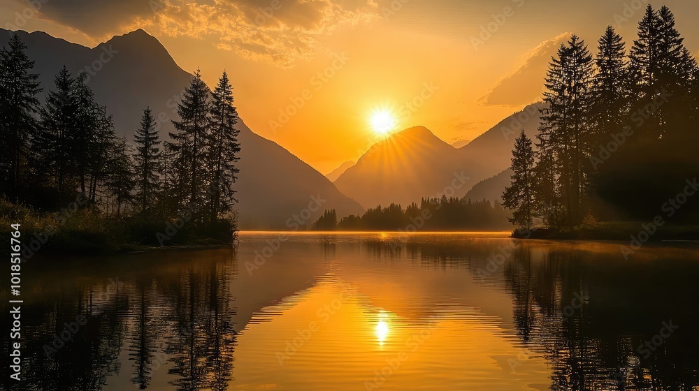 Breathtaking sunset over tranquil lake surrounded by mountains and trees, creating a serene and peaceful landscape scene. Breathtaking sunset over tranquil lake surrounded by mountains and trees, creating a serene and peaceful landscape scene.