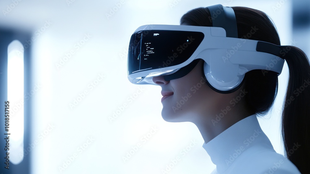 Future technology embraced by young woman in VR gear Future technology embraced by young woman in VR gear