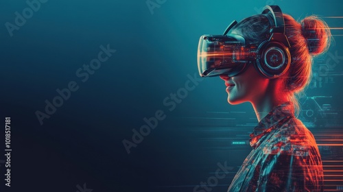 Woman engaged in VR experience with headphones on