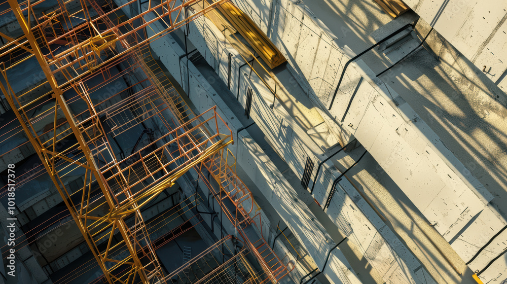 image showcases detailed view of construction site, highlighting intricate patterns created by scaffolding and shadows on concrete walls. vibrant orange scaffolding contrasts with neutral tones of image showcases detailed view of construction site, highlighting intricate patterns created by scaffolding and shadows on concrete walls. vibrant orange scaffolding contrasts with neutral tones of